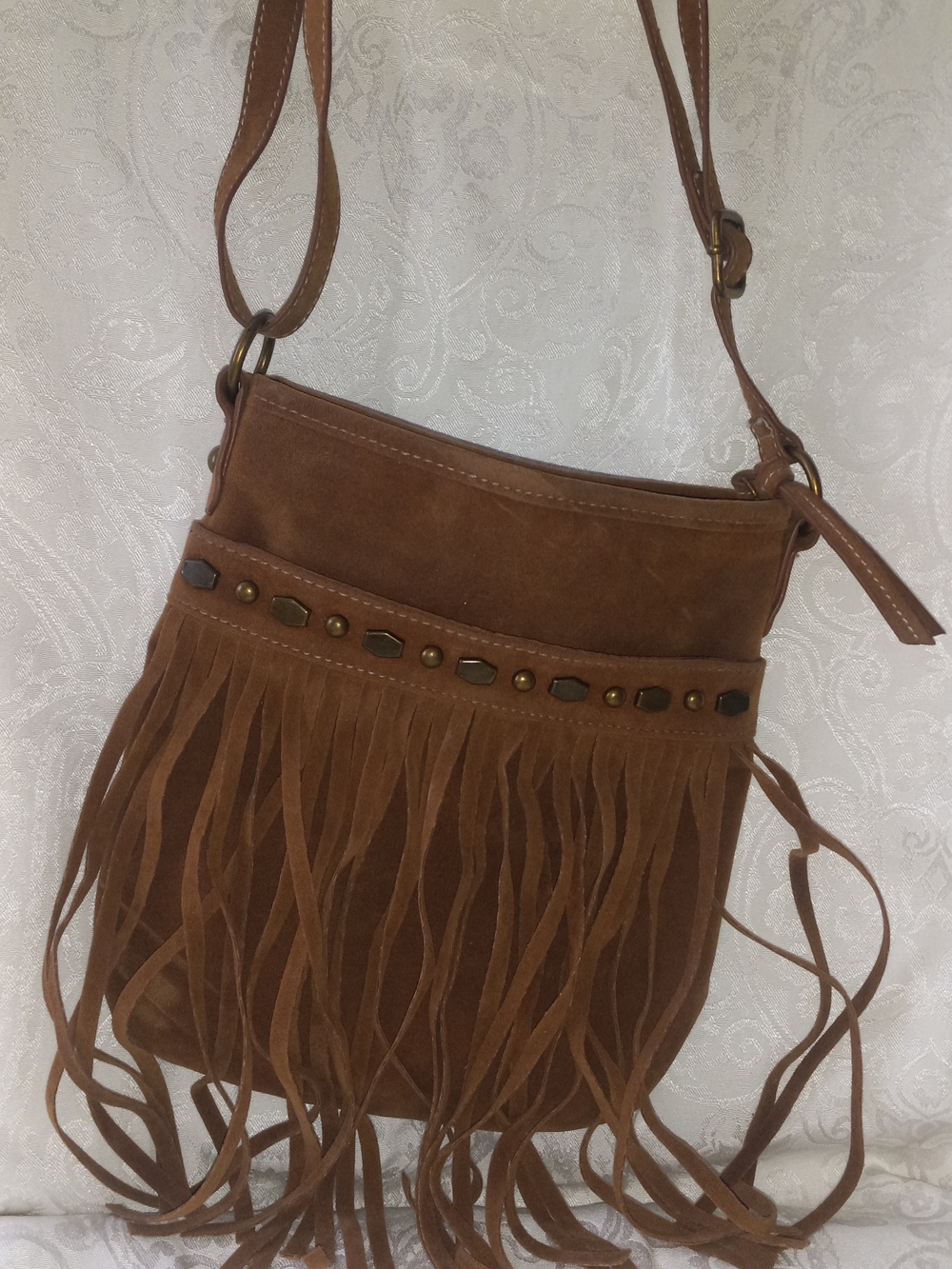 Southwest Brown Fringe Crossbody Bag with Stud Accents